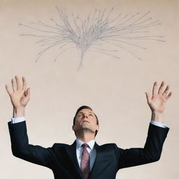 An illustrative painting of a person in a suit, their palms raised skyward