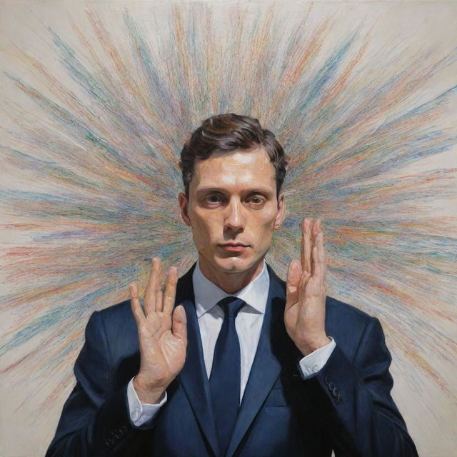 An intriguing painting of a suited person with their palms face-up