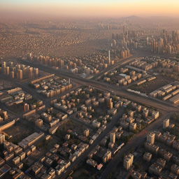 A busy passenger plane flying over Tehran with detailed cityscape below during sunset.