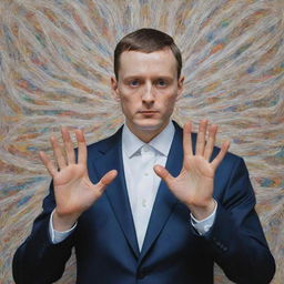 An intriguing painting of a suited person with their palms face-up