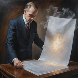 A captivating painting portraying a person in a suit creating a sheet of paper through sheer magic, embodying the amalgamation of realism with fantastical elements