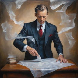 A captivating painting portraying a person in a suit creating a sheet of paper through sheer magic, embodying the amalgamation of realism with fantastical elements