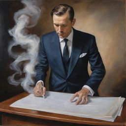 A captivating painting portraying a person in a suit creating a sheet of paper through sheer magic, embodying the amalgamation of realism with fantastical elements