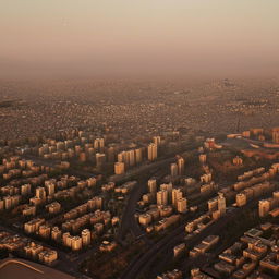 A busy passenger plane flying over Tehran with detailed cityscape below during sunset.