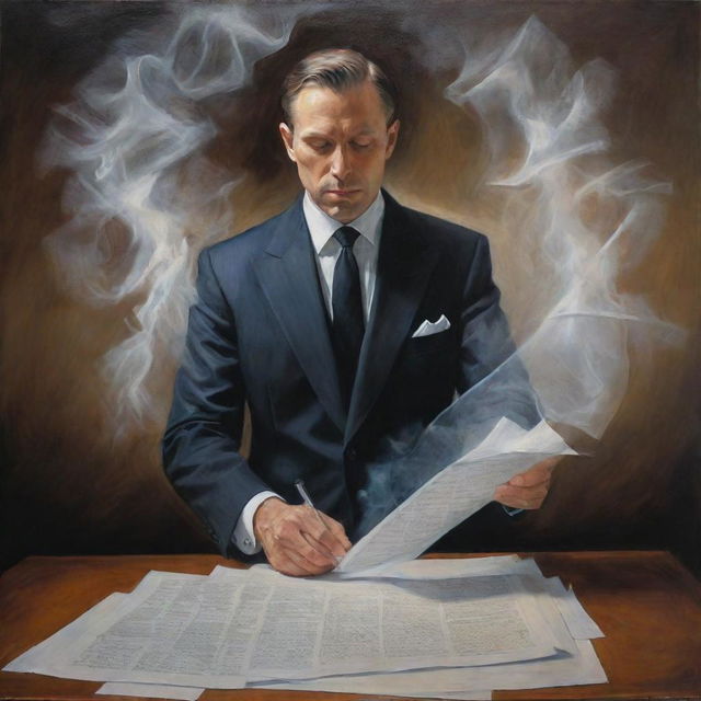 A captivating painting portraying a person in a suit creating a sheet of paper through sheer magic, embodying the amalgamation of realism with fantastical elements