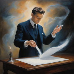 An enchanting painting illustrating a suited person conjuring a sheet of paper through magic, symbolizing the ethereal art of creation