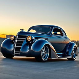 A striking fusion of a 1936 Chevrolet Coupe and a 2025 Cadillac Lumistiq, showcasing a widebody design with aggressive, wide tires