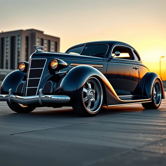 A striking fusion of a 1936 Chevrolet Coupe and a 2025 Cadillac Lumistiq, showcasing a widebody design with aggressive, wide tires