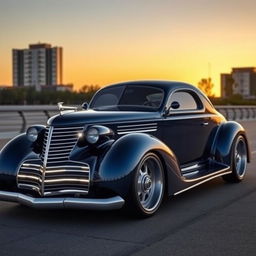 A striking fusion of a 1936 Chevrolet Coupe and a 2025 Cadillac Lumistiq, showcasing a widebody design with aggressive, wide tires