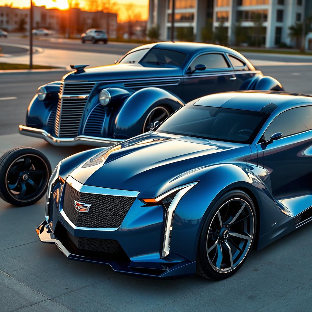 A striking fusion of a 1936 Chevrolet Coupe and a 2025 Cadillac Lumistiq, showcasing a widebody design with aggressive, wide tires