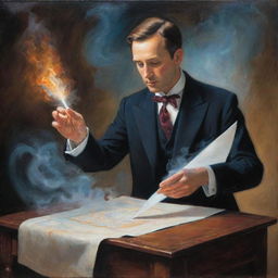 An enchanting painting illustrating a suited person conjuring a sheet of paper through magic, symbolizing the ethereal art of creation