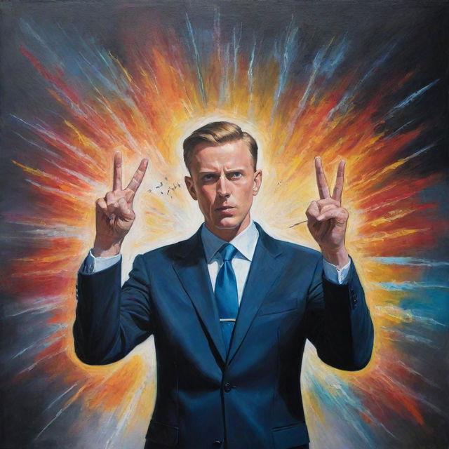 A fantastical painting showcasing a suited individual invoking a sheet of paper with hand gestures, sparking bolts of energy from their fingertips - a vivid metaphor of creation and power