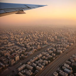 A busy passenger plane flying over Tehran with detailed cityscape below during sunset.