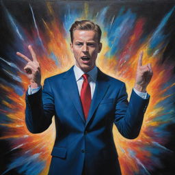 A fantastical painting showcasing a suited individual invoking a sheet of paper with hand gestures, sparking bolts of energy from their fingertips - a vivid metaphor of creation and power