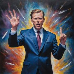 A fantastical painting showcasing a suited individual invoking a sheet of paper with hand gestures, sparking bolts of energy from their fingertips - a vivid metaphor of creation and power