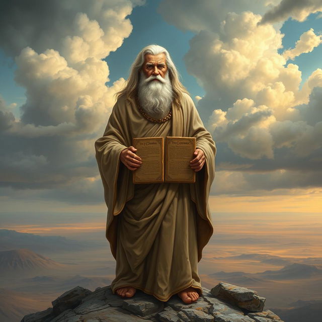 A detailed portrait of Moses, depicted as a wise, elderly man with long white hair and a beard, holding the tablets of the Ten Commandments