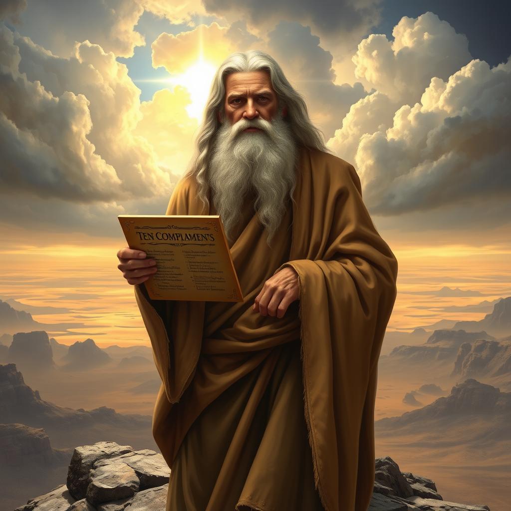 A detailed portrait of Moses, depicted as a wise, elderly man with long white hair and a beard, holding the tablets of the Ten Commandments