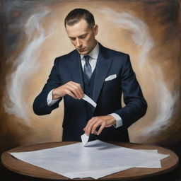 A mystical painting depicting a suited individual magically manipulating a sheet of paper with their hands, capturing the magic of creation and intellect