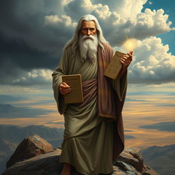 A detailed portrait of Moses, depicted as a wise, elderly man with long white hair and a beard, holding the tablets of the Ten Commandments