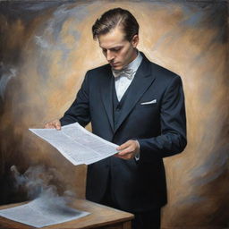 A mystical painting depicting a suited individual magically manipulating a sheet of paper with their hands, capturing the magic of creation and intellect