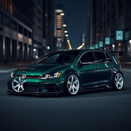 A dark green MK7 VW Golf featuring a very aggressive body kit and striking white rims, set in a dark city environment