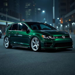 A dark green MK7 VW Golf featuring a very aggressive body kit and striking white rims, set in a dark city environment
