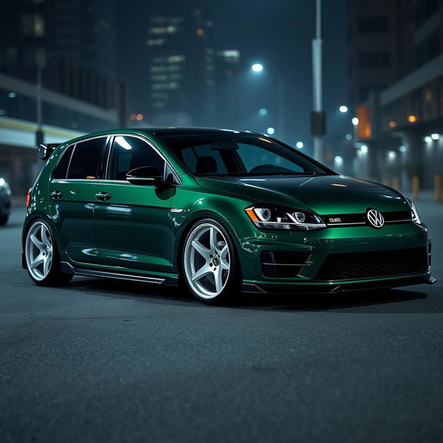 A dark green MK7 VW Golf featuring a very aggressive body kit and striking white rims, set in a dark city environment