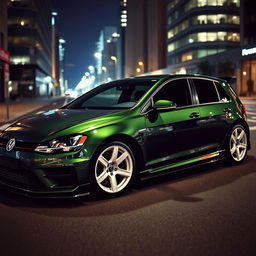 A dark green MK7 VW Golf featuring a very aggressive body kit and striking white rims, set in a dark city environment