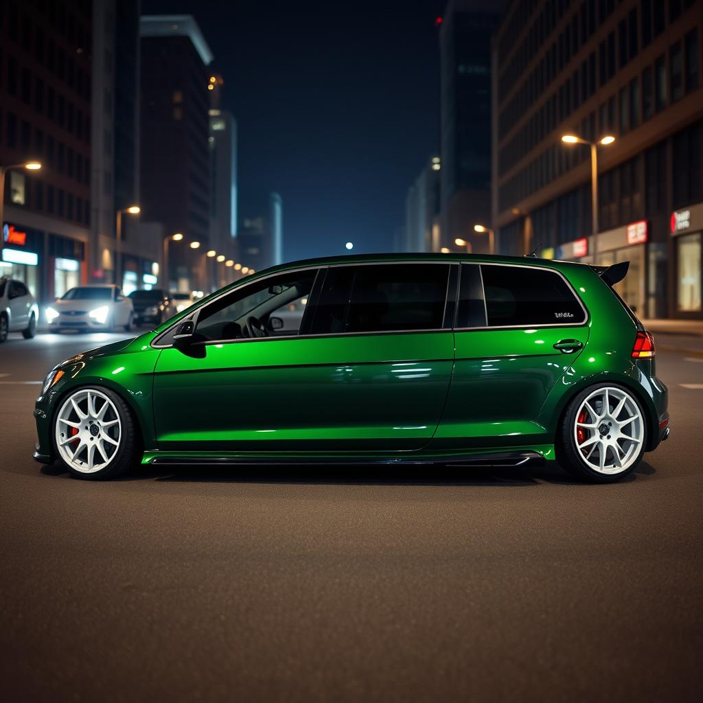 A dark green MK7 VW Golf featuring a very aggressive body kit and striking white rims, set in a dark city environment