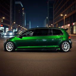 A dark green MK7 VW Golf featuring a very aggressive body kit and striking white rims, set in a dark city environment