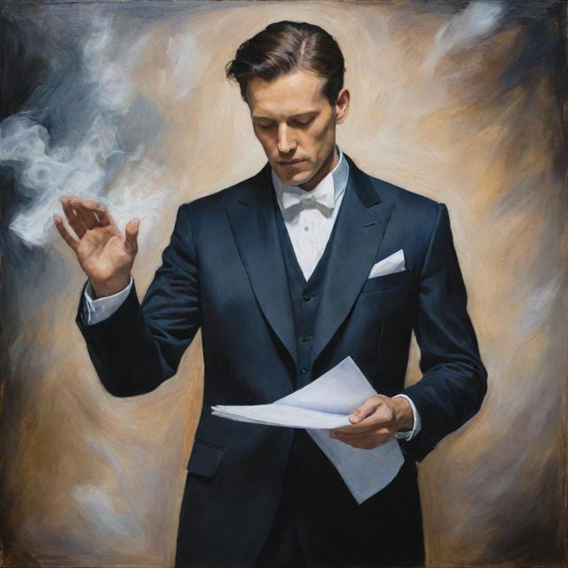 A mystical painting depicting a suited individual magically manipulating a sheet of paper with their hands, capturing the magic of creation and intellect