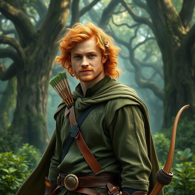 Prince Harry depicted as an elvish ranger, featuring a majestic forest background filled with lush greenery and ancient trees