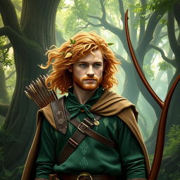 Prince Harry depicted as an elvish ranger, featuring a majestic forest background filled with lush greenery and ancient trees