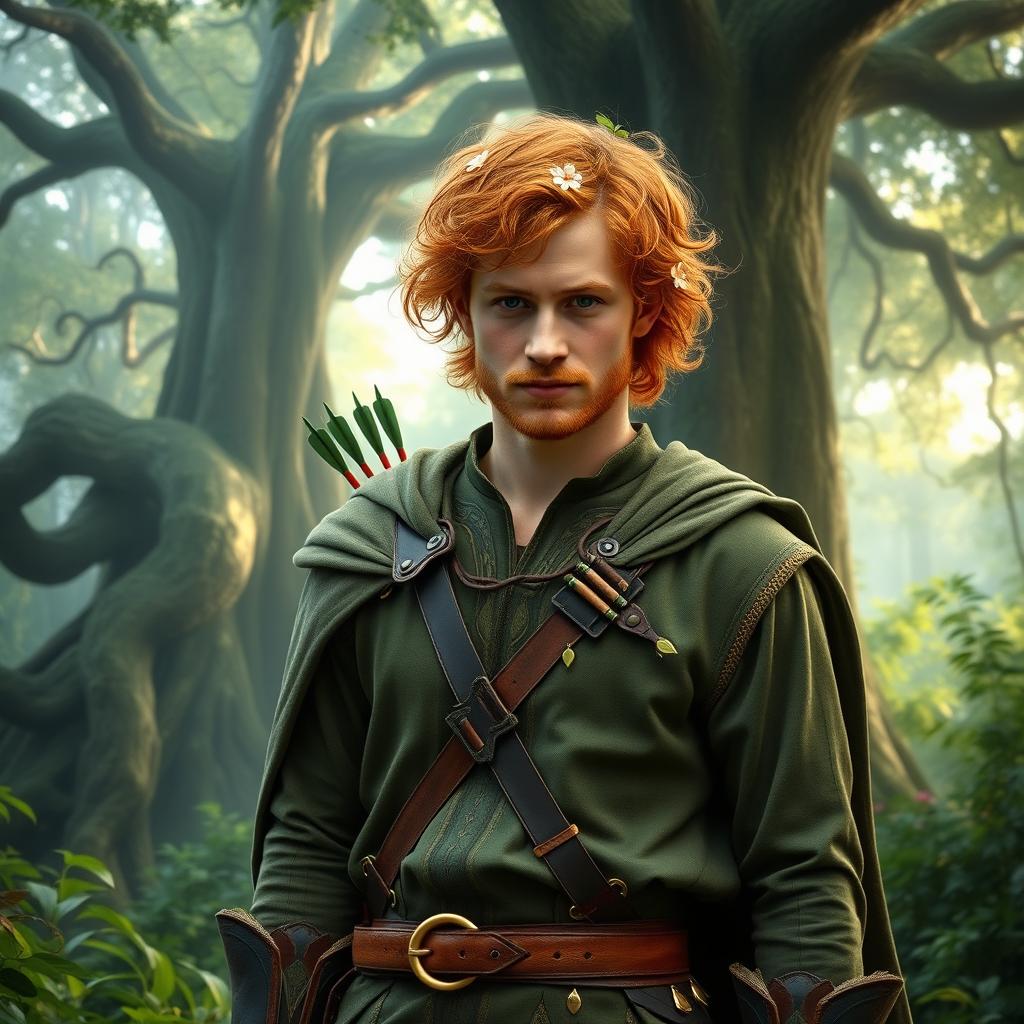 Prince Harry depicted as an elvish ranger, featuring a majestic forest background filled with lush greenery and ancient trees