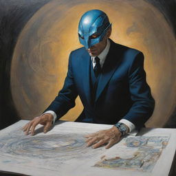 A futuristic painting from the year 3000 showcasing a suited individual mystically crafting above a sheet of paper with their hands, embodying a symbiosis of tradition and future