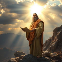 A majestic depiction of the biblical figure Moses, standing on a rocky mountainside with a dramatic sky overhead