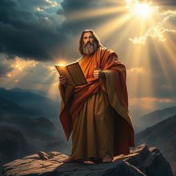 A majestic depiction of the biblical figure Moses, standing on a rocky mountainside with a dramatic sky overhead