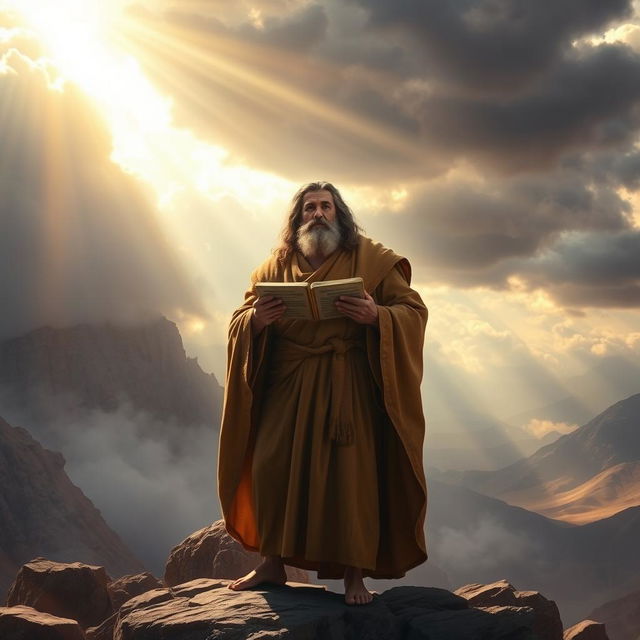 A majestic depiction of the biblical figure Moses, standing on a rocky mountainside with a dramatic sky overhead