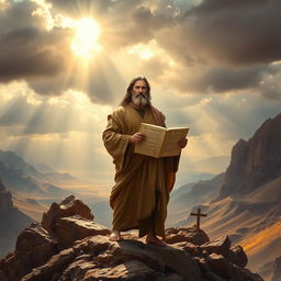A majestic depiction of the biblical figure Moses, standing on a rocky mountainside with a dramatic sky overhead
