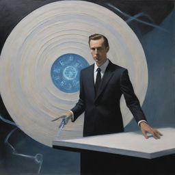 A futuristic painting from the year 3000 showcasing a suited individual mystically crafting above a sheet of paper with their hands, embodying a symbiosis of tradition and future