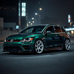 A dark green MK7 VW Golf showcasing a very aggressive body kit and bold white rims, positioned in a dark city setting