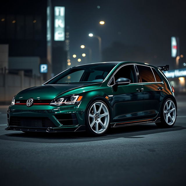 A dark green MK7 VW Golf showcasing a very aggressive body kit and bold white rims, positioned in a dark city setting