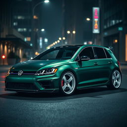 A dark green MK7 VW Golf showcasing a very aggressive body kit and bold white rims, positioned in a dark city setting