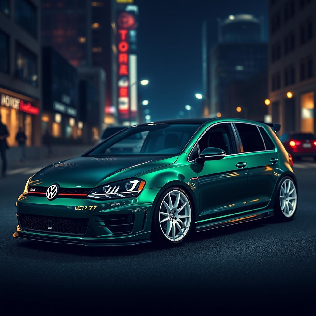 A dark green MK7 VW Golf showcasing a very aggressive body kit and bold white rims, positioned in a dark city setting