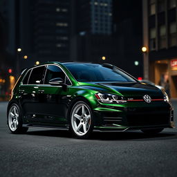 A dark green MK7 VW Golf showcasing a very aggressive body kit and bold white rims, positioned in a dark city setting