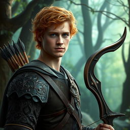 A clean shaven prince Harry depicted as an elvish ranger, featuring striking blonde-red curly hair