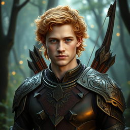 A clean shaven prince Harry depicted as an elvish ranger, featuring striking blonde-red curly hair