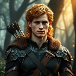 A clean shaven prince Harry depicted as an elvish ranger, featuring striking blonde-red curly hair