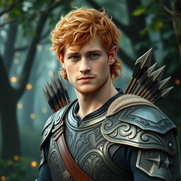 A clean shaven prince Harry depicted as an elvish ranger, featuring striking blonde-red curly hair