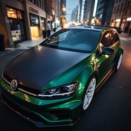 A dark green MK7 VW Golf featuring a very aggressive body kit, complemented by a sleek black carbon fiber hood and striking white rims